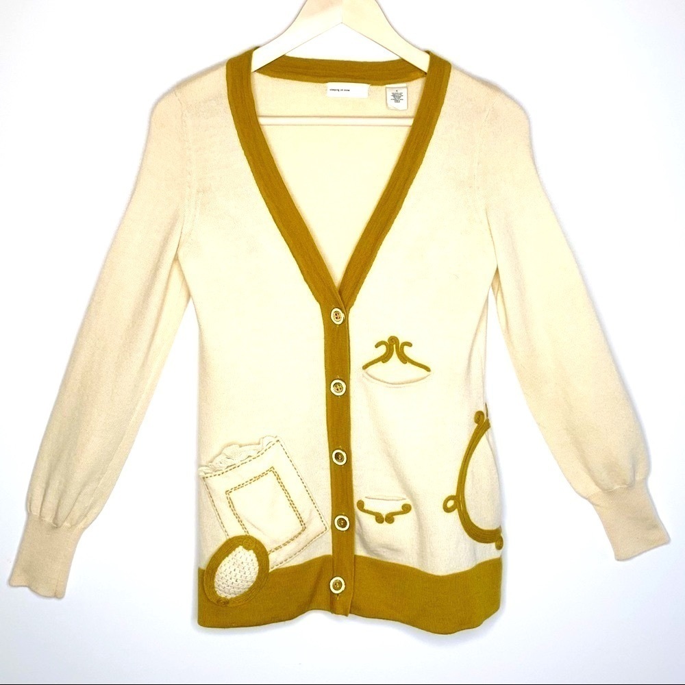 Anthropologie Sleeping on Snow Wool Ivory Embellished Cardigan Sweater Pockets S
